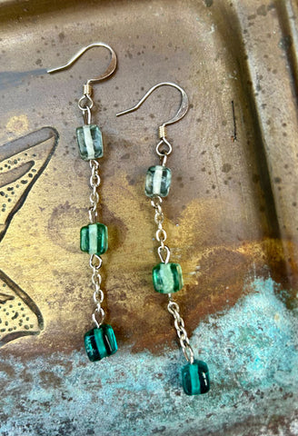 Aqua Bead and Silver Chain Earrings