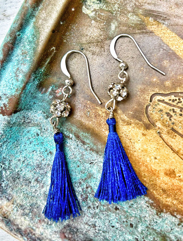 Tassel Earrings - Navy and Rhinestone