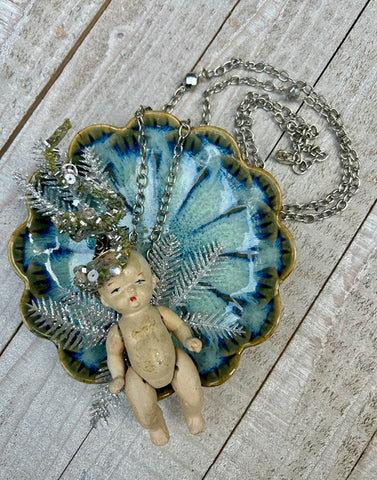 Vintage Bisque Doll Silver Snowflake Necklace