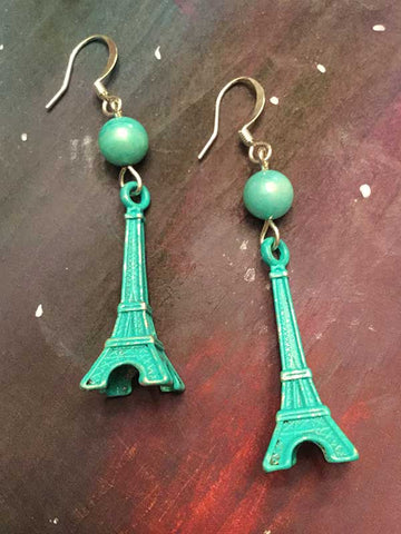 Eiffel Tower Earrings - aqua patina