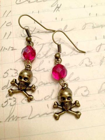 Skull and Crossbones Earrings - Red Crystal and Brass