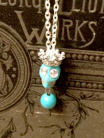 Skull Necklace  - turquoise color with crown