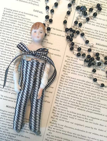 Vintage Bisque Doll Necklace Black and White Check