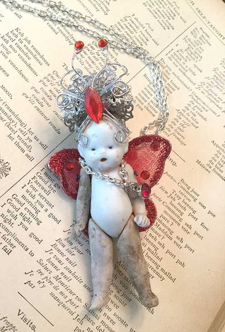 Vintage Bisque Doll Necklace with Red Wings