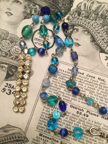Blue Beaded Necklace with Vintage Rhinestone Pendant