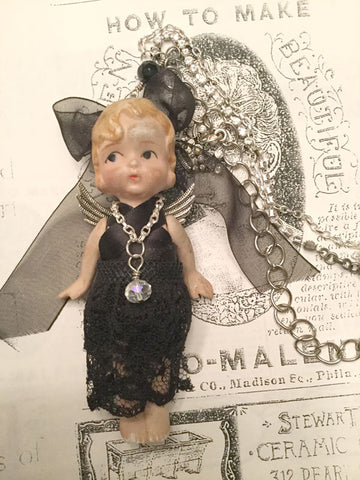 Vintage Bisque Doll Black Lace Dress Necklace