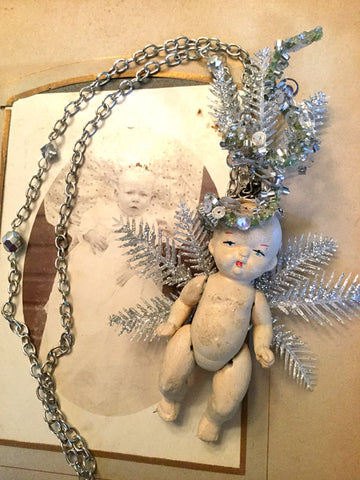 Vintage Bisque Doll Silver Snowflake Necklace