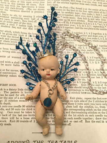 Vintage Bisque Doll Vintage Blue Peacock Necklace