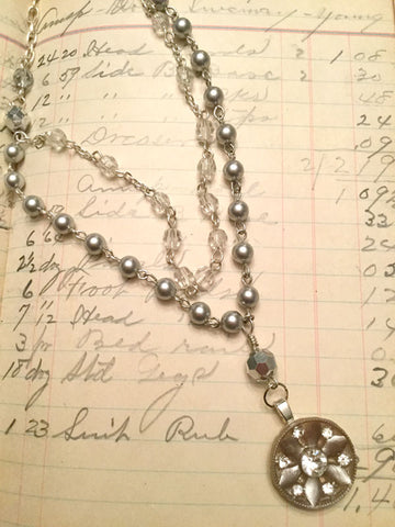Vintage Rhinestone Button Necklace - silver