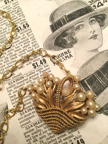 Vintage Gold Basket Necklace with Leaves and Pearls