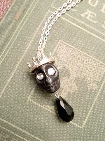 Skull Necklace - large black  skull with silver crown