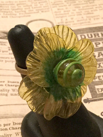 Yellow and Green Lucite Flower Ring
