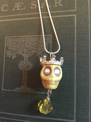 Skull Necklace - large yellow skull with silver crown