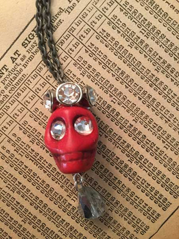 Skull Necklace - large red skull with crown and silver drop